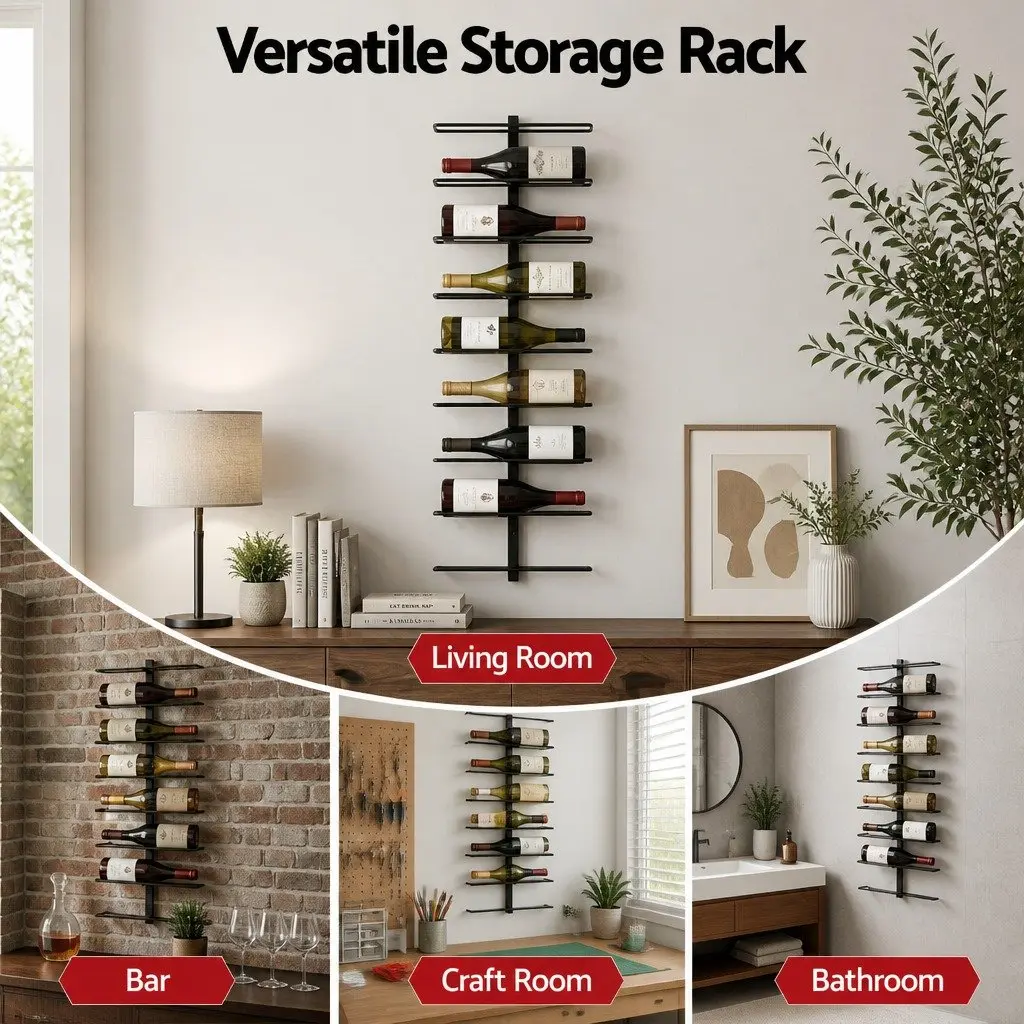 Vertical Storage Wine Rack Metal Black Wall Mounted Organizer for 9 Bottles