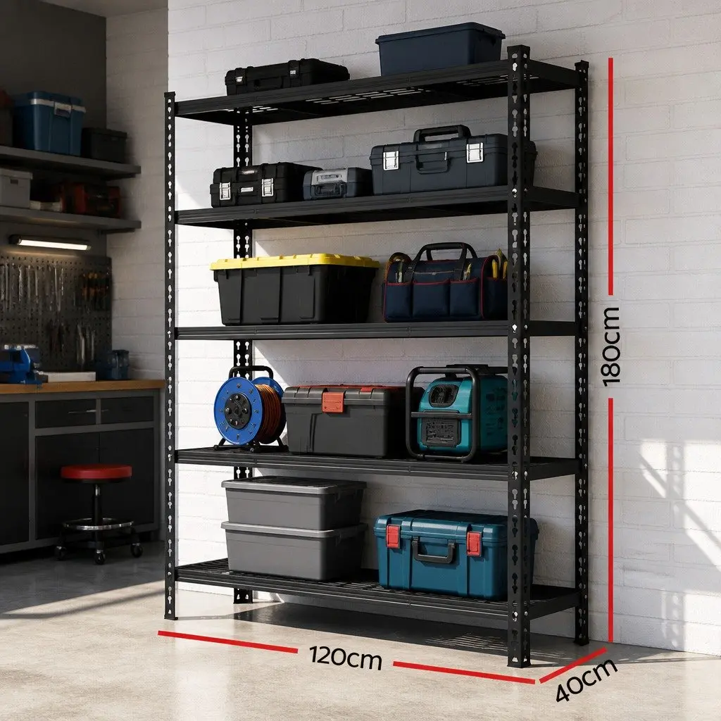 Heavy-Duty Steel Garage Shelving 5-Tier Adjustable 1.8M Black