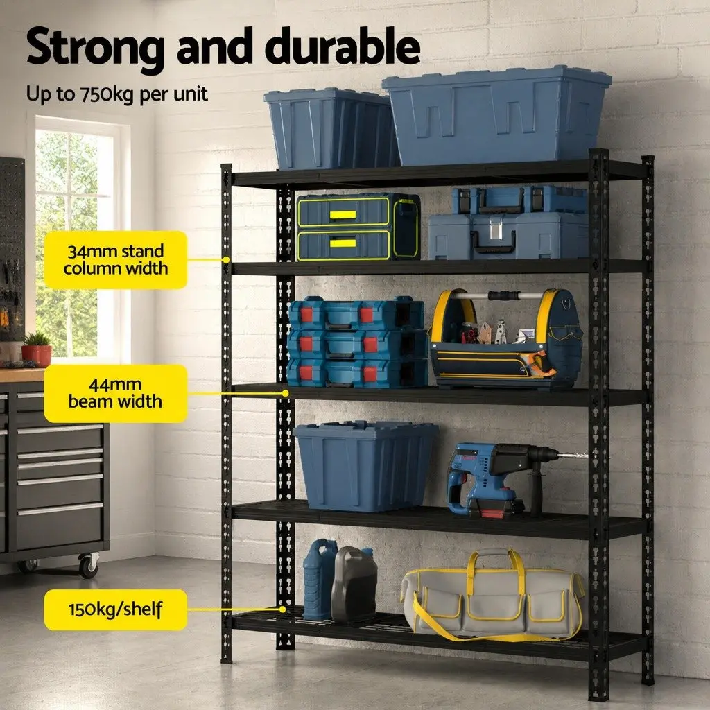 Heavy-Duty Steel Garage Shelving 5-Tier Adjustable 1.8M Black