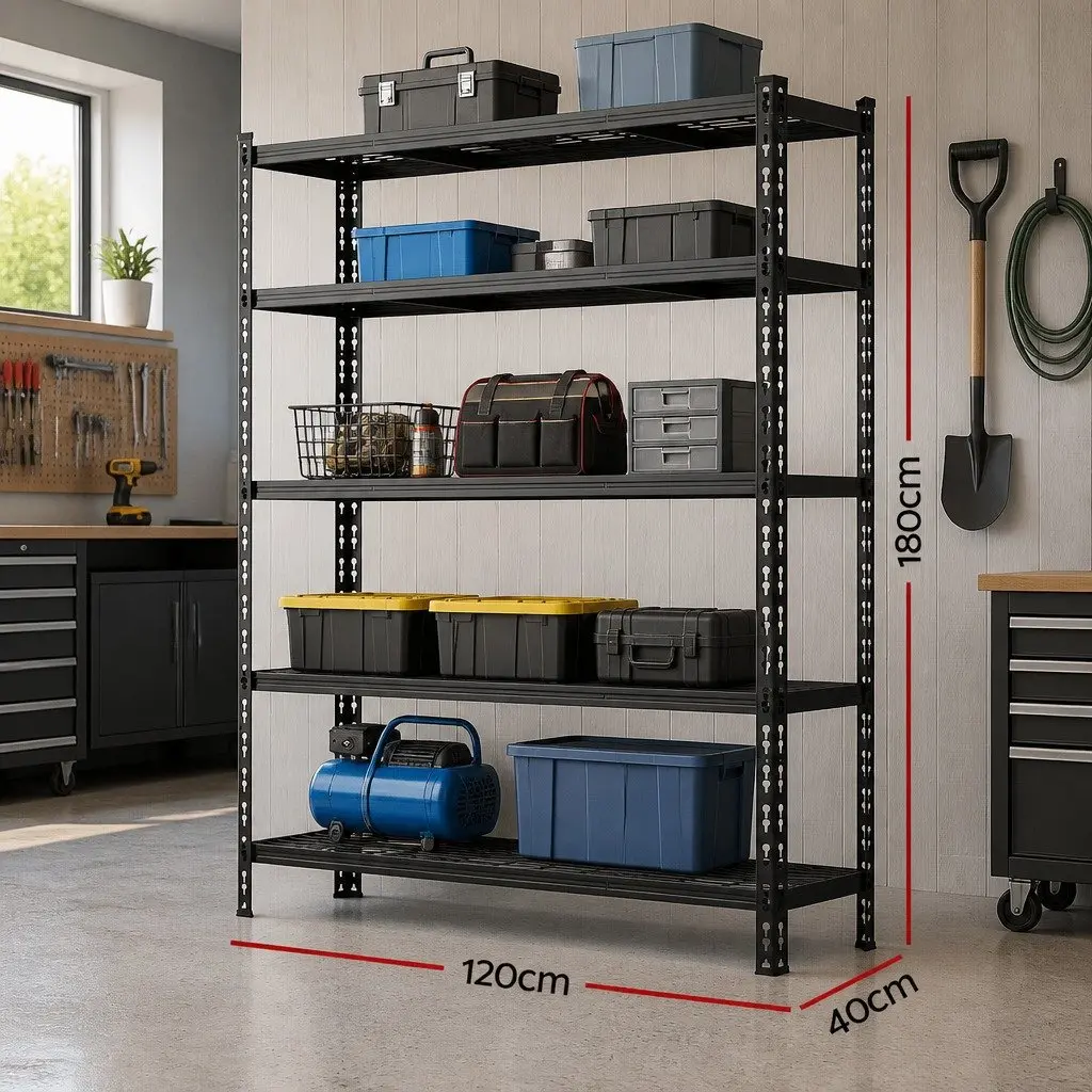 5-Tier Heavy Duty Garage Storage Rack Adjustable Black 1.8M