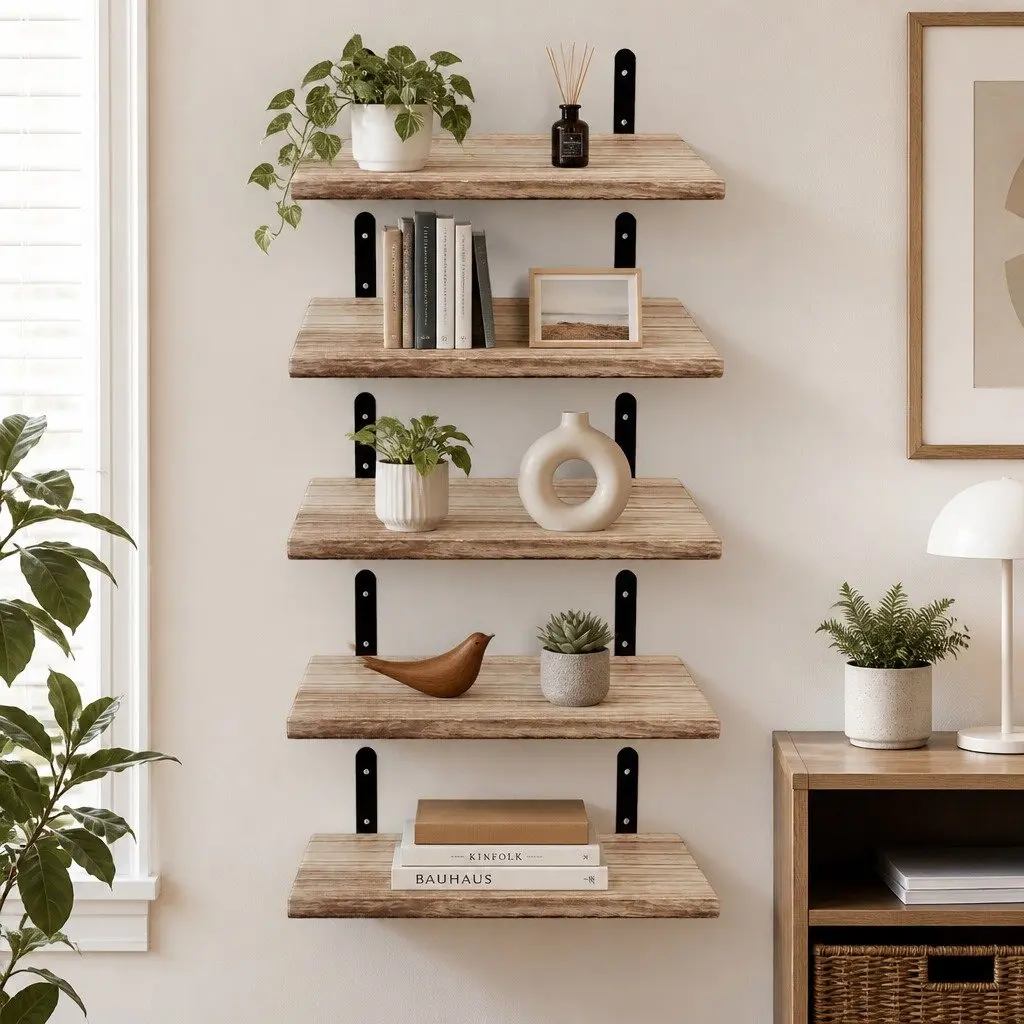 Floating Wall Shelves Rustic Wood 5 Piece Set Wall Mounted Storage Display Rack