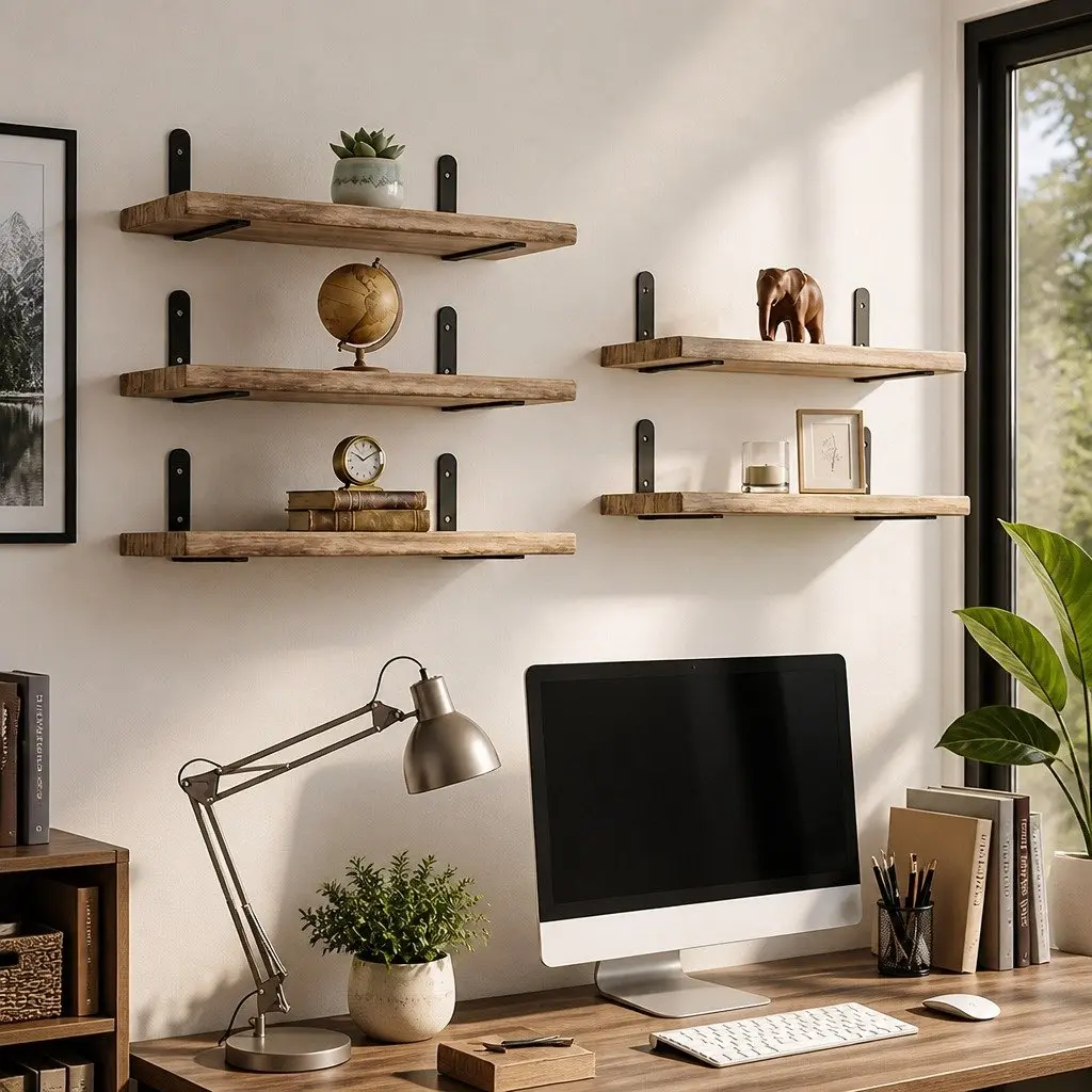 Floating Wall Shelves Rustic Wood 5 Piece Set Wall Mounted Storage Display Rack