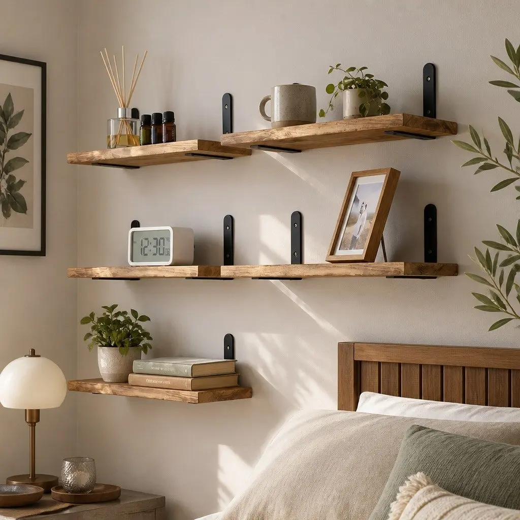 Floating Wall Shelves Rustic Wood 5 Piece Set Wall Mounted Storage Display Rack