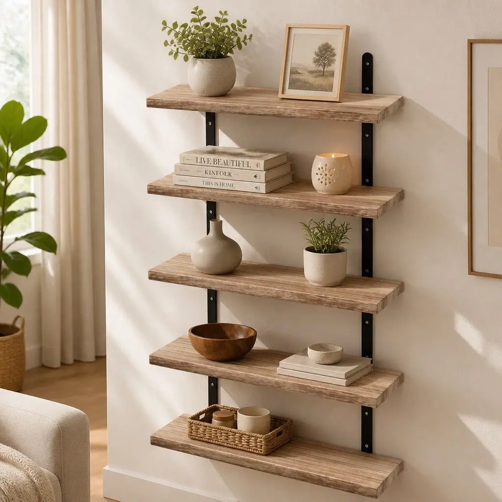 Floating Wall Shelves Rustic Wood 5 Piece Set Wall Mounted Storage Display Rack