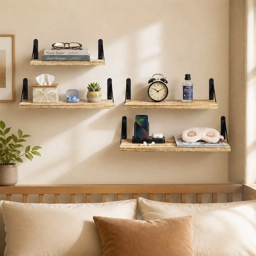 Floating Wall Shelves 4Pcs Rustic Wood Storage Display Rack Bookshelf Set