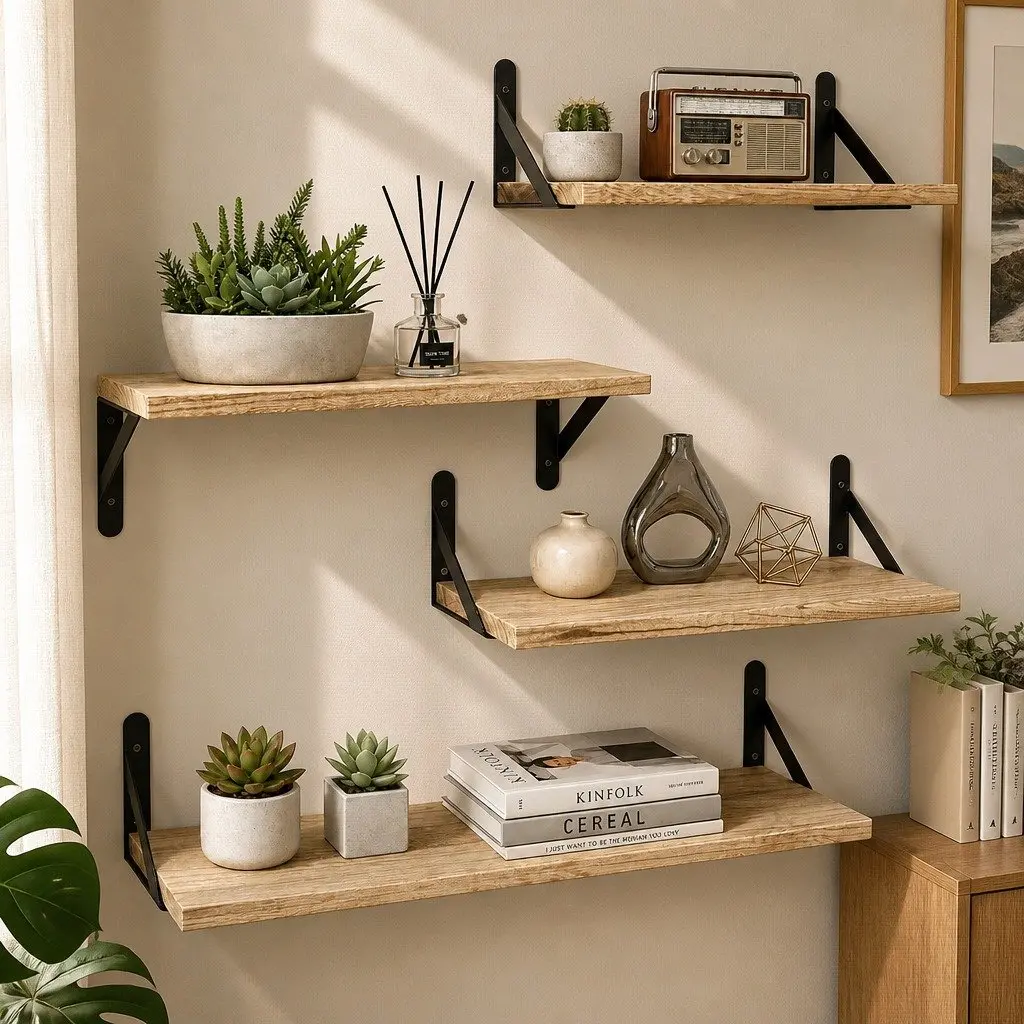 Floating Wall Shelves 4Pcs Rustic Wood Storage Display Rack Bookshelf Set