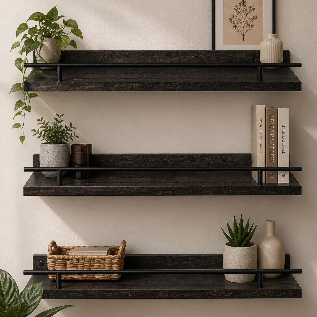 Floating Wall Shelves Set of 3 Wall Mounted Storage Display Rack with Guard Rail Black Paulownia Wood and Metal Brackets 40cm L x 14.5cm W x 4.5cm H