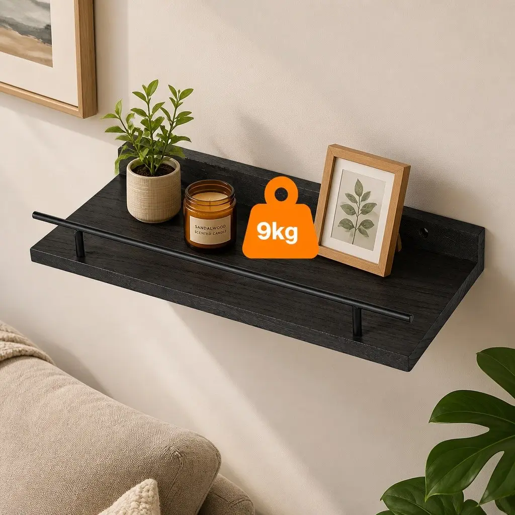 Floating Wall Shelves Set of 3 Wall Mounted Storage Display Rack with Guard Rail Black Paulownia Wood and Metal Brackets 40cm L x 14.5cm W x 4.5cm H