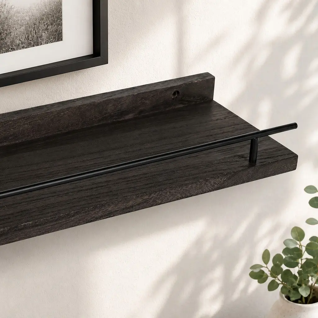 Floating Wall Shelves Set of 3 Wall Mounted Storage Display Rack with Guard Rail Black Paulownia Wood and Metal Brackets 40cm L x 14.5cm W x 4.5cm H