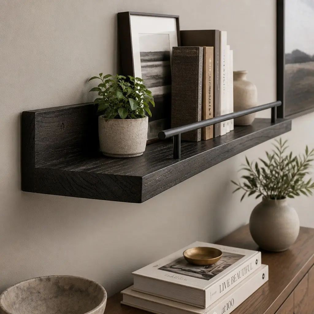 Floating Wall Shelves Set of 3 Wall Mounted Storage Display Rack with Guard Rail Black Paulownia Wood and Metal Brackets 40cm L x 14.5cm W x 4.5cm H