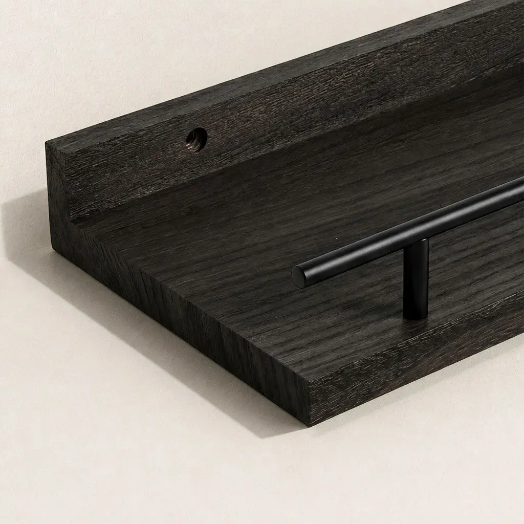 Floating Wall Shelves Set of 3 Wall Mounted Storage Display Rack with Guard Rail Black Paulownia Wood and Metal Brackets 40cm L x 14.5cm W x 4.5cm H