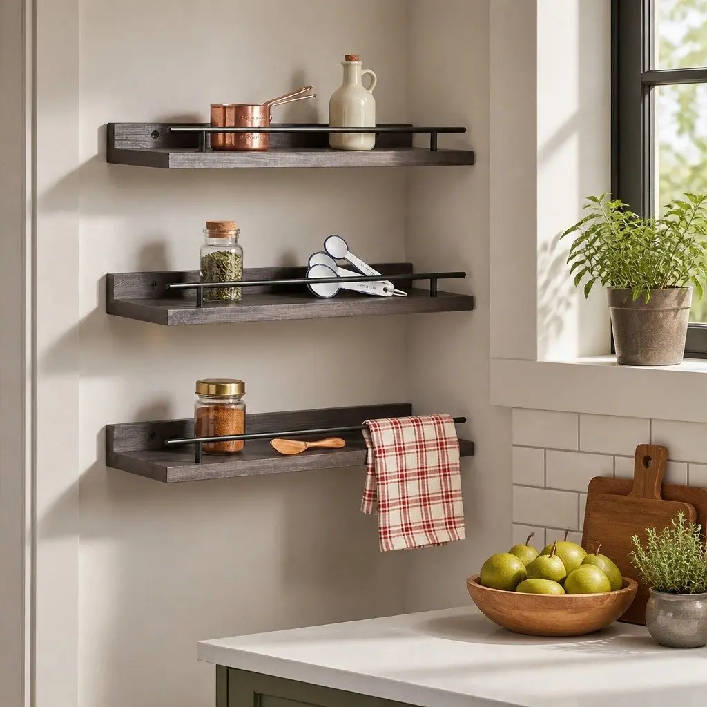 Floating Wall Shelves Set of 3 Wall Mounted Storage Display Rack with Guard Rail Black Paulownia Wood and Metal Brackets 40cm L x 14.5cm W x 4.5cm H