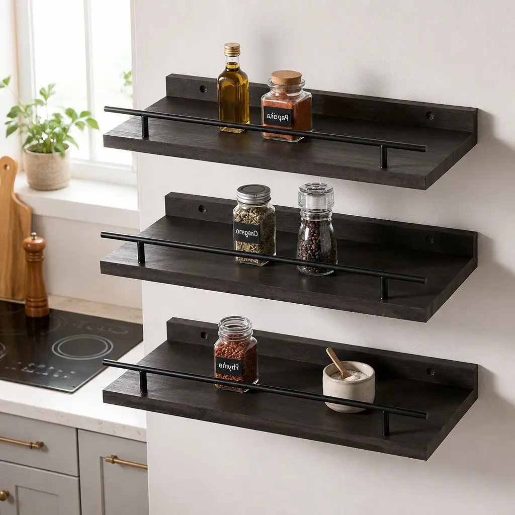 Floating Wall Shelves Set of 3 Wall Mounted Storage Display Rack with Guard Rail Black Paulownia Wood and Metal Brackets 40cm L x 14.5cm W x 4.5cm H