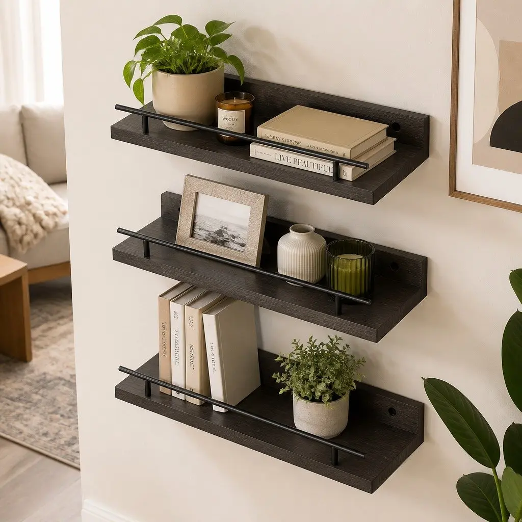 Floating Wall Shelves Set of 3 Wall Mounted Storage Display Rack with Guard Rail Black Paulownia Wood and Metal Brackets 40cm L x 14.5cm W x 4.5cm H