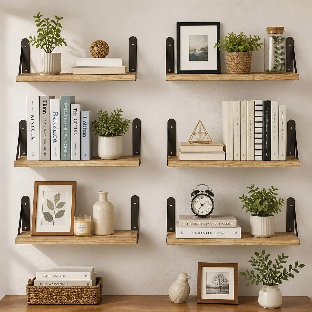 Floating Wall Shelves Set of 6 Wooden Wall Mounted Display Bookshelf Storage