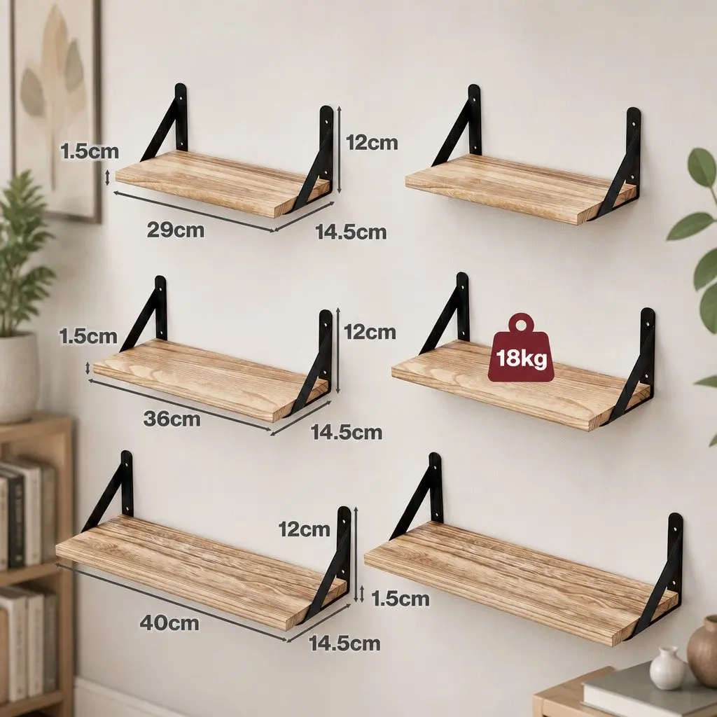 Floating Wall Shelves Set of 6 Wooden Wall Mounted Display Bookshelf Storage