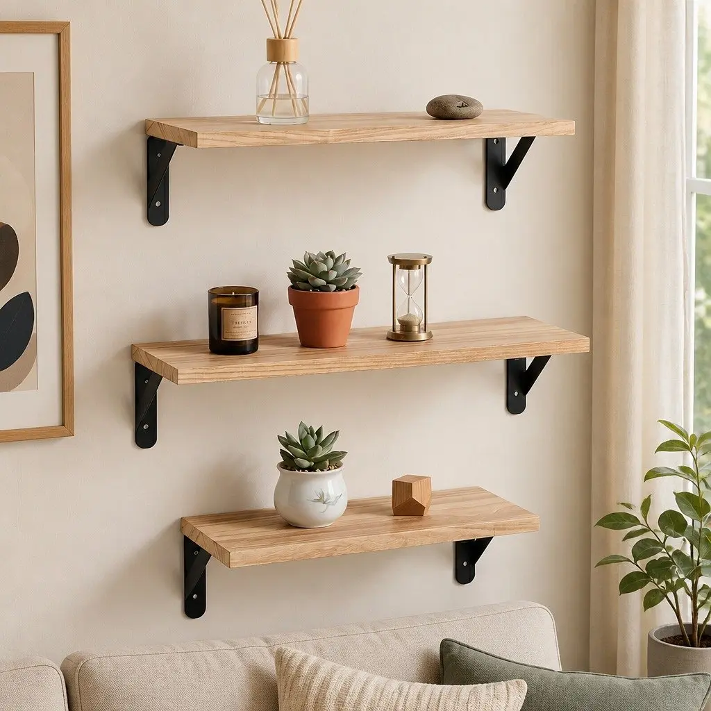 Floating Wall Shelves Set of 6 Wooden Wall Mounted Display Bookshelf Storage