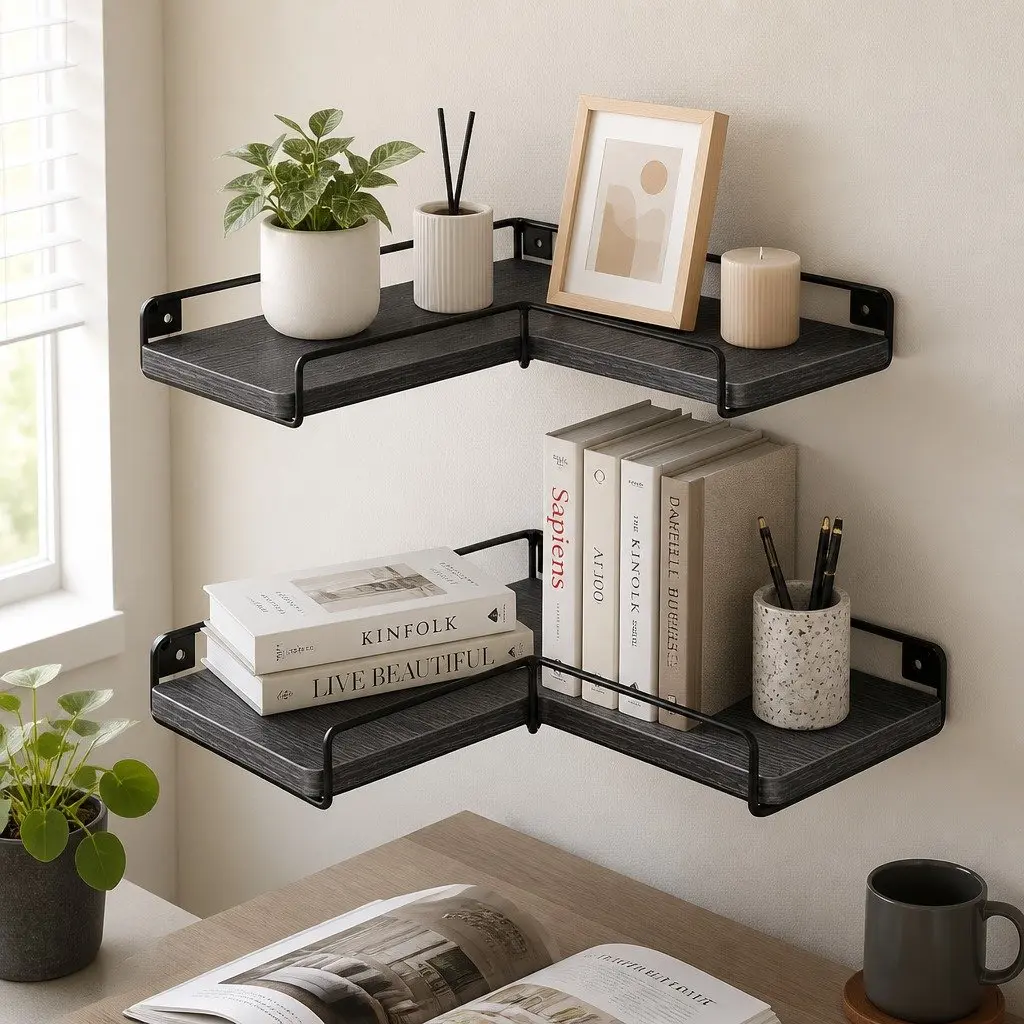 Floating Corner Wall Shelves L-shaped 2 Piece Black DIY Storage Display Rack