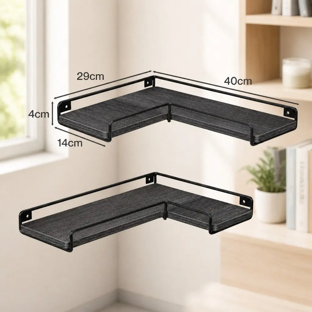 Floating Corner Wall Shelves L-shaped 2 Piece Black DIY Storage Display Rack