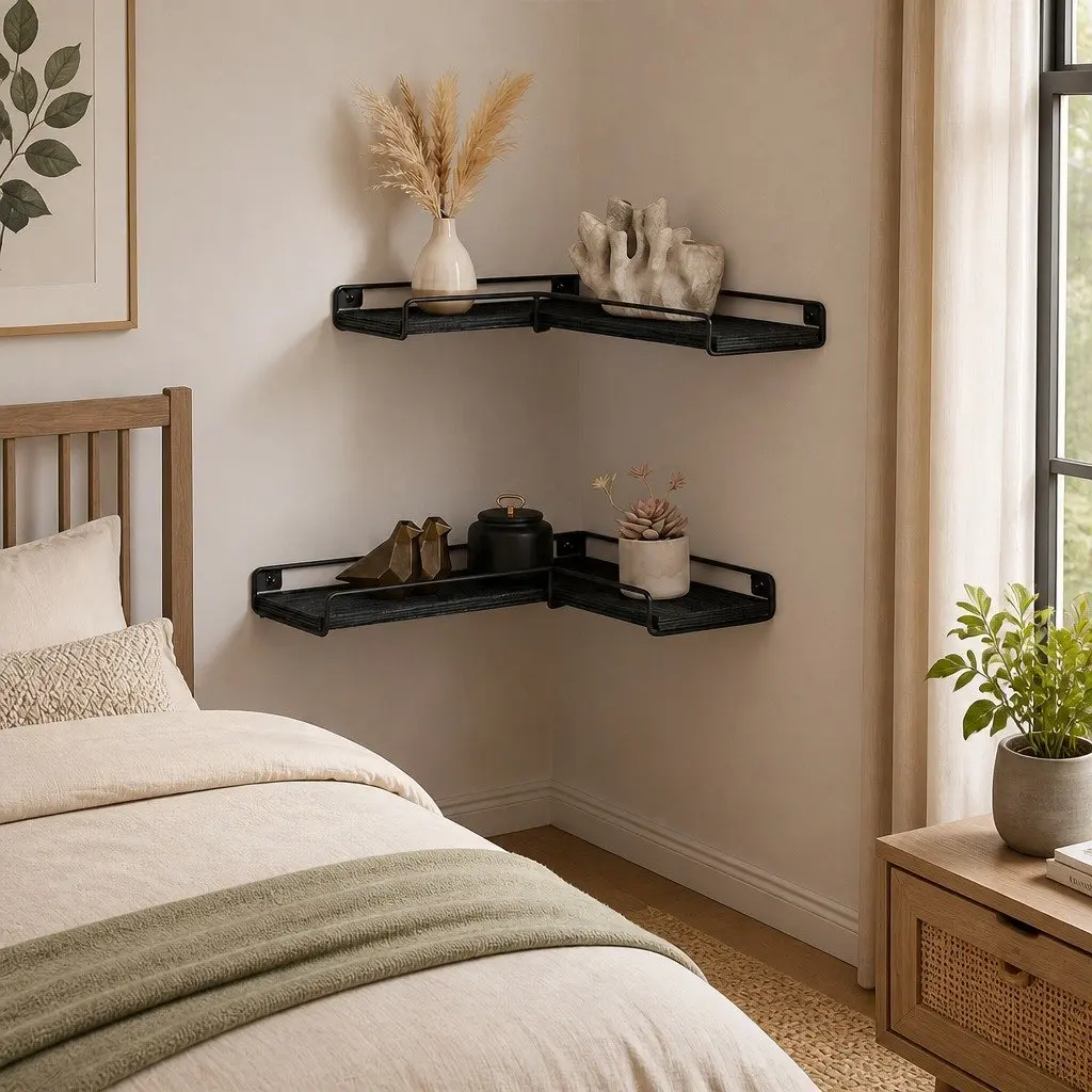 Floating Corner Wall Shelves L-shaped 2 Piece Black DIY Storage Display Rack