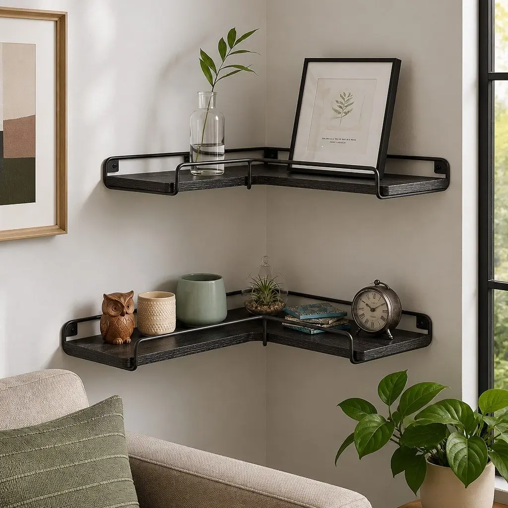 Floating Corner Wall Shelves L-shaped 2 Piece Black DIY Storage Display Rack