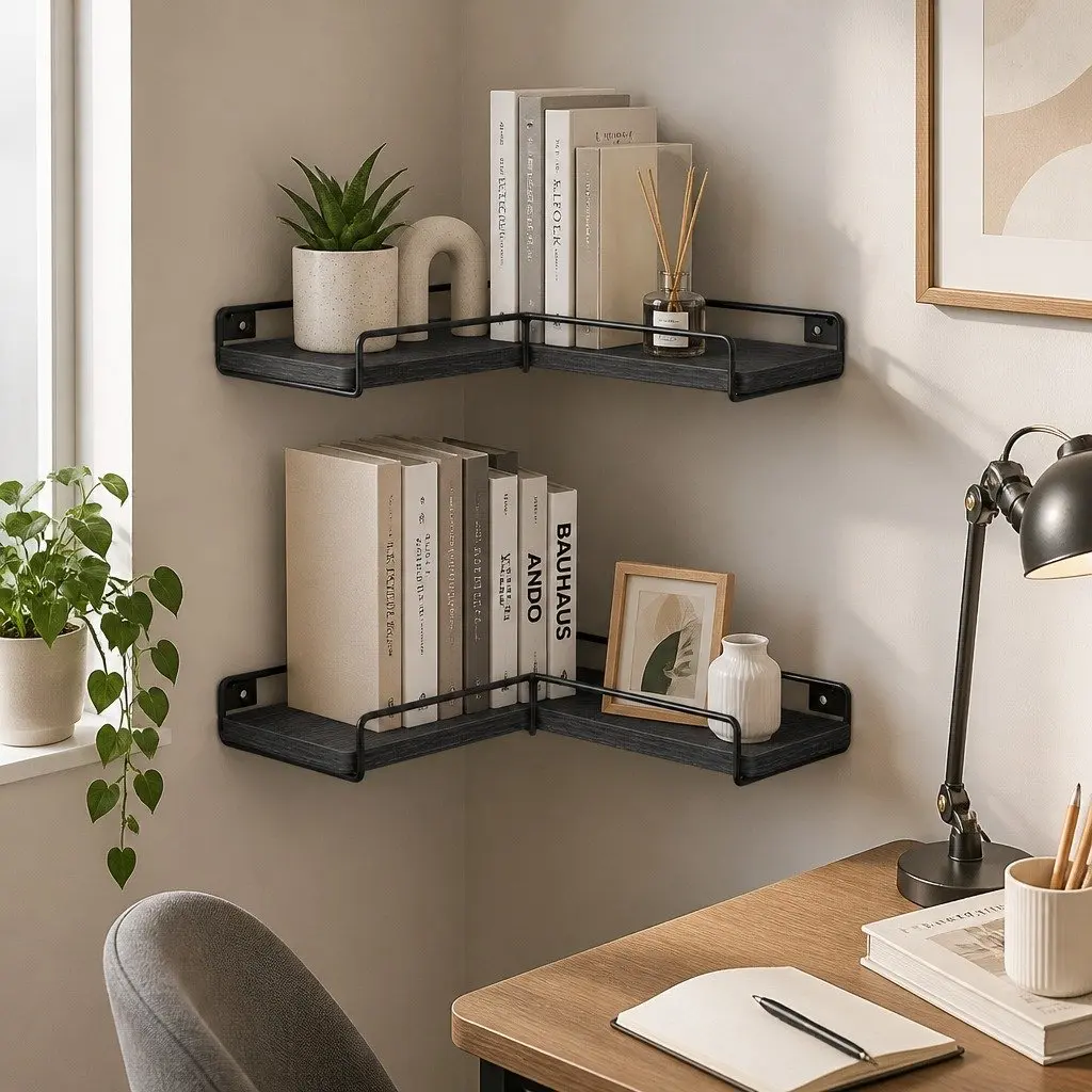 Floating Corner Wall Shelves L-shaped 2 Piece Black DIY Storage Display Rack