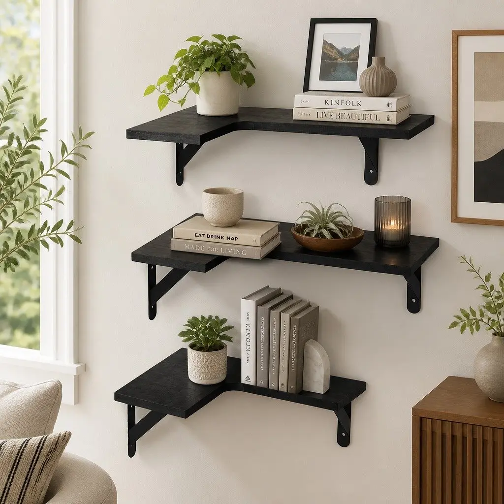 Corner Floating Shelves L-Shaped 3 Piece Wall-Mounted Storage Black
