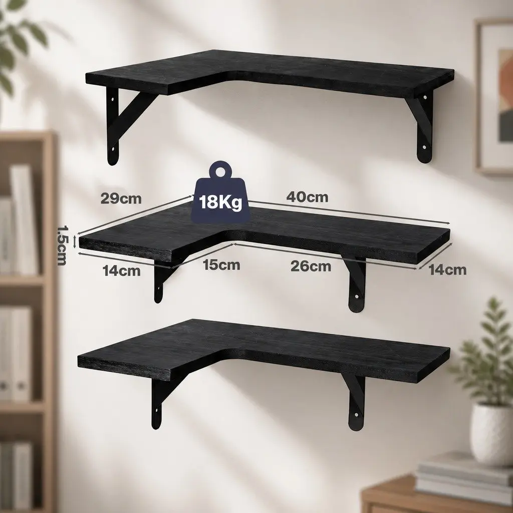 Corner Floating Shelves L-Shaped 3 Piece Wall-Mounted Storage Black