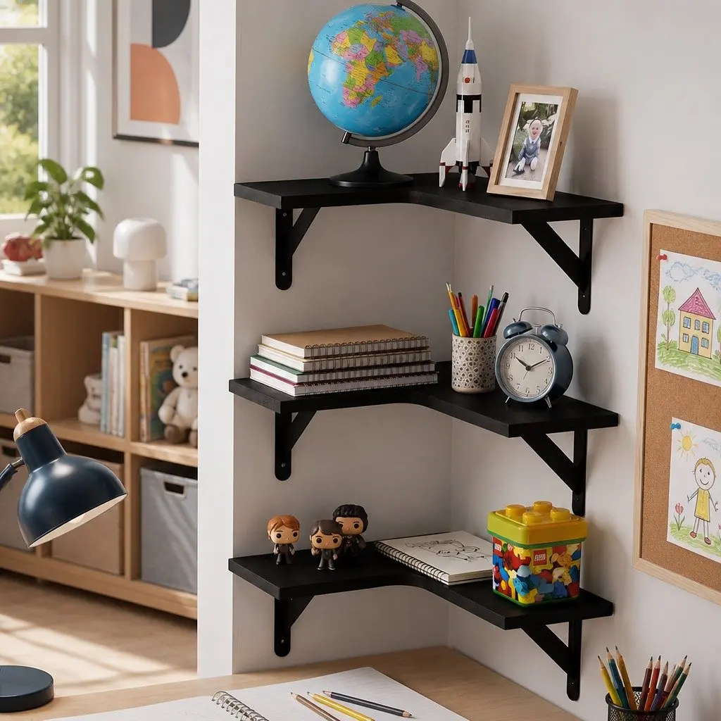 Corner Floating Shelves L-Shaped 3 Piece Wall-Mounted Storage Black