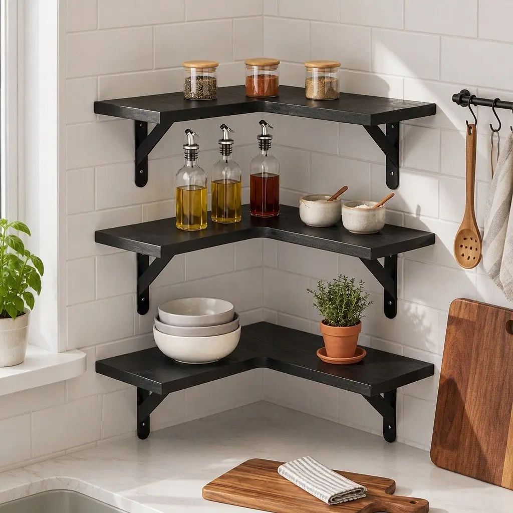 Corner Floating Shelves L-Shaped 3 Piece Wall-Mounted Storage Black