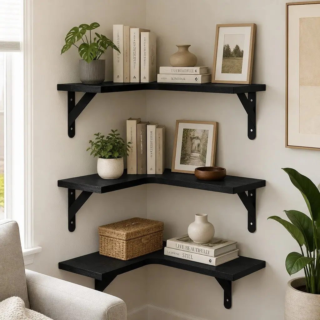 Corner Floating Shelves L-Shaped 3 Piece Wall-Mounted Storage Black