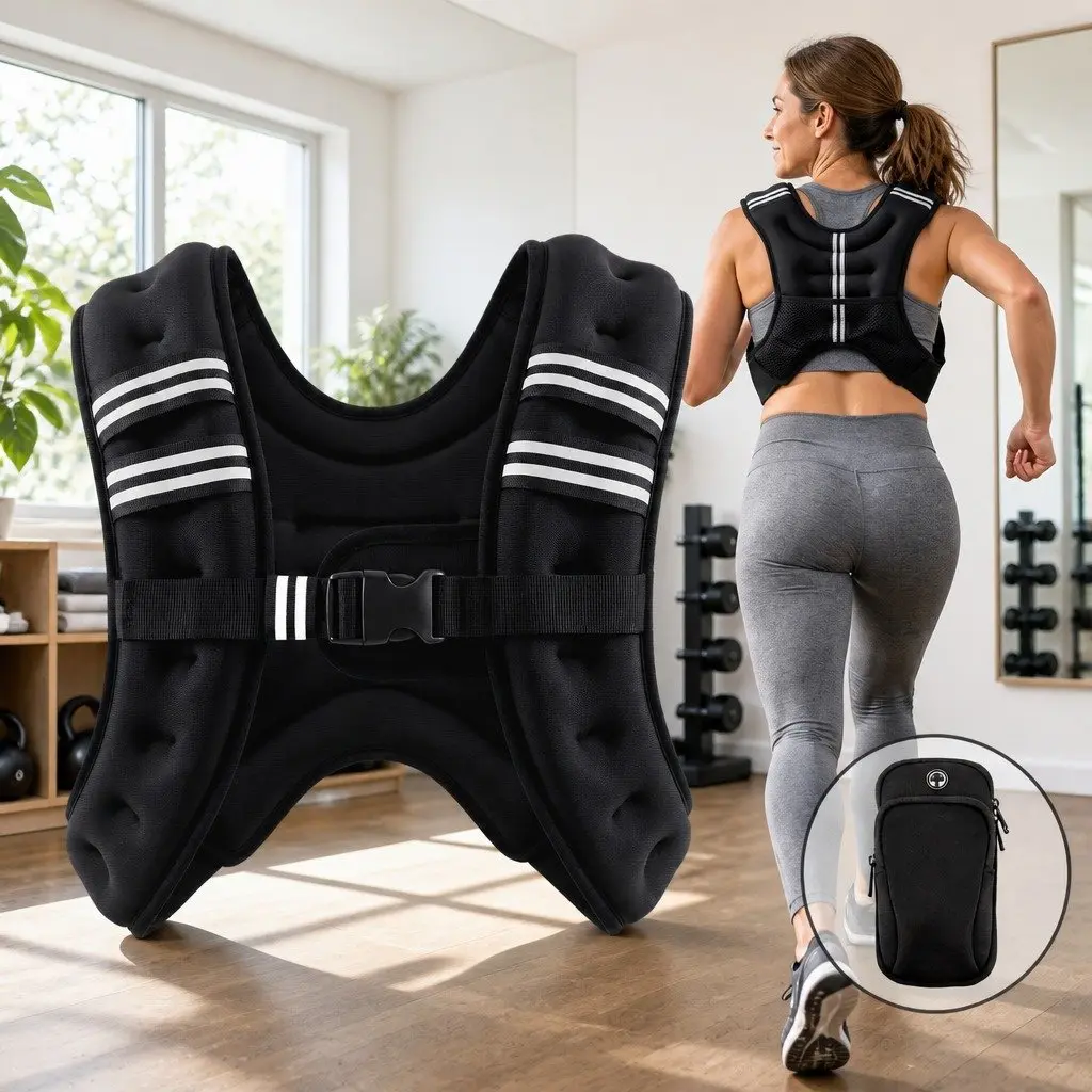 10kg Weighted Vest Running Training Gym Fitness Reflective Armband Pouch Black