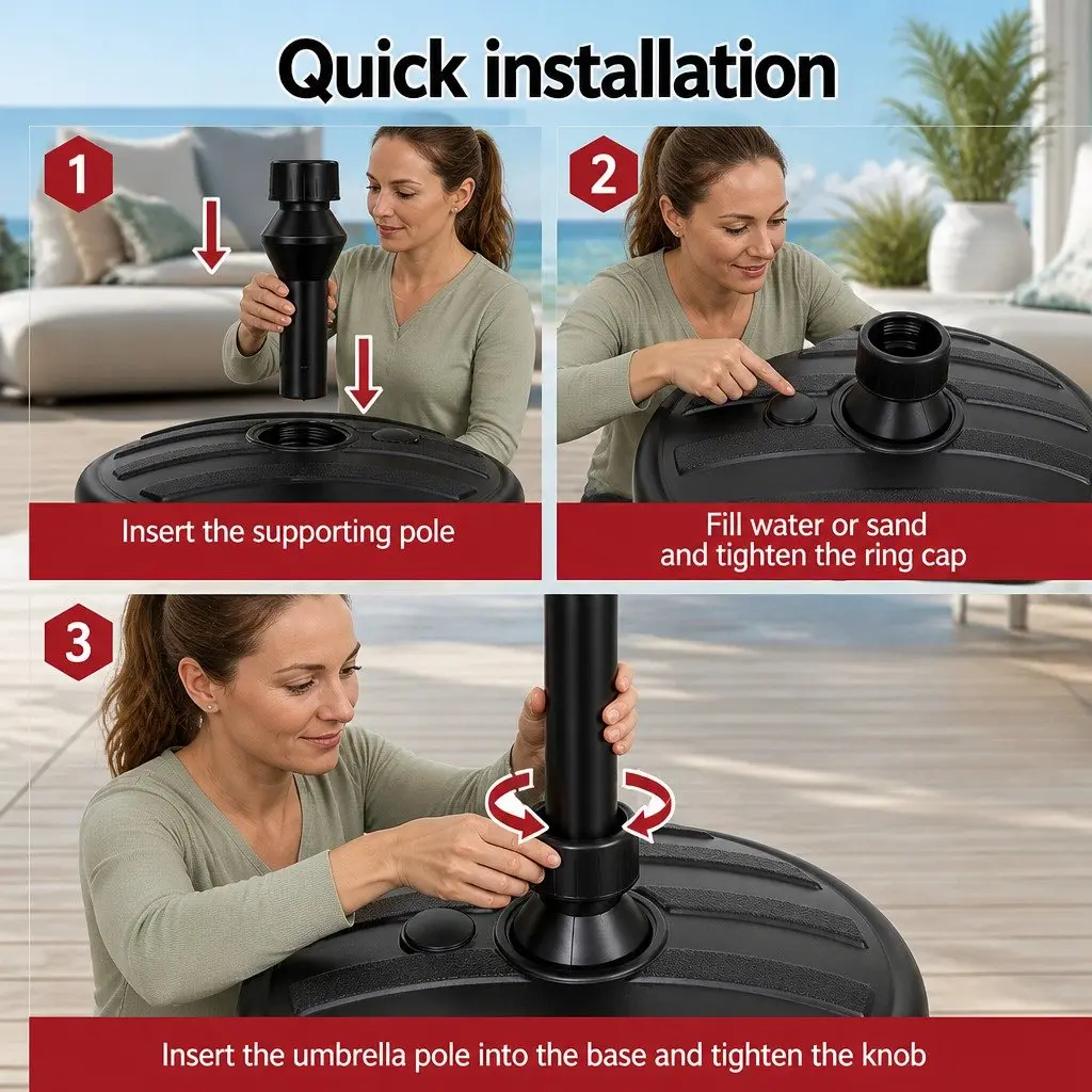 Outdoor Umbrella Base Weight Round Plastic Pole Holder 35-38mm Black Beach