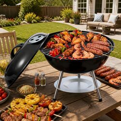 Portable Charcoal BBQ Grill with Lid Compact Outdoor Camping Cooking 34cm