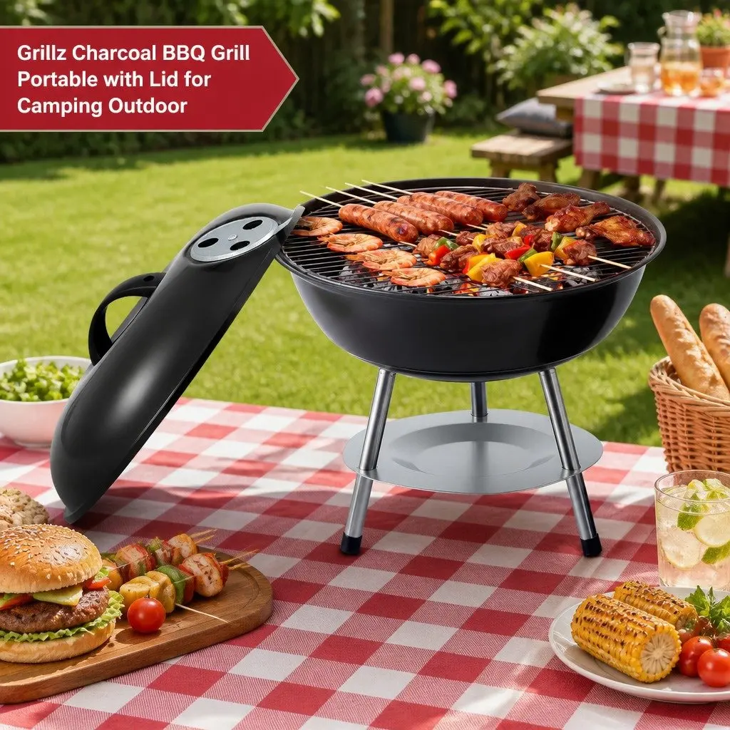 Portable Charcoal BBQ Grill with Lid Compact Outdoor Camping Cooking 34cm
