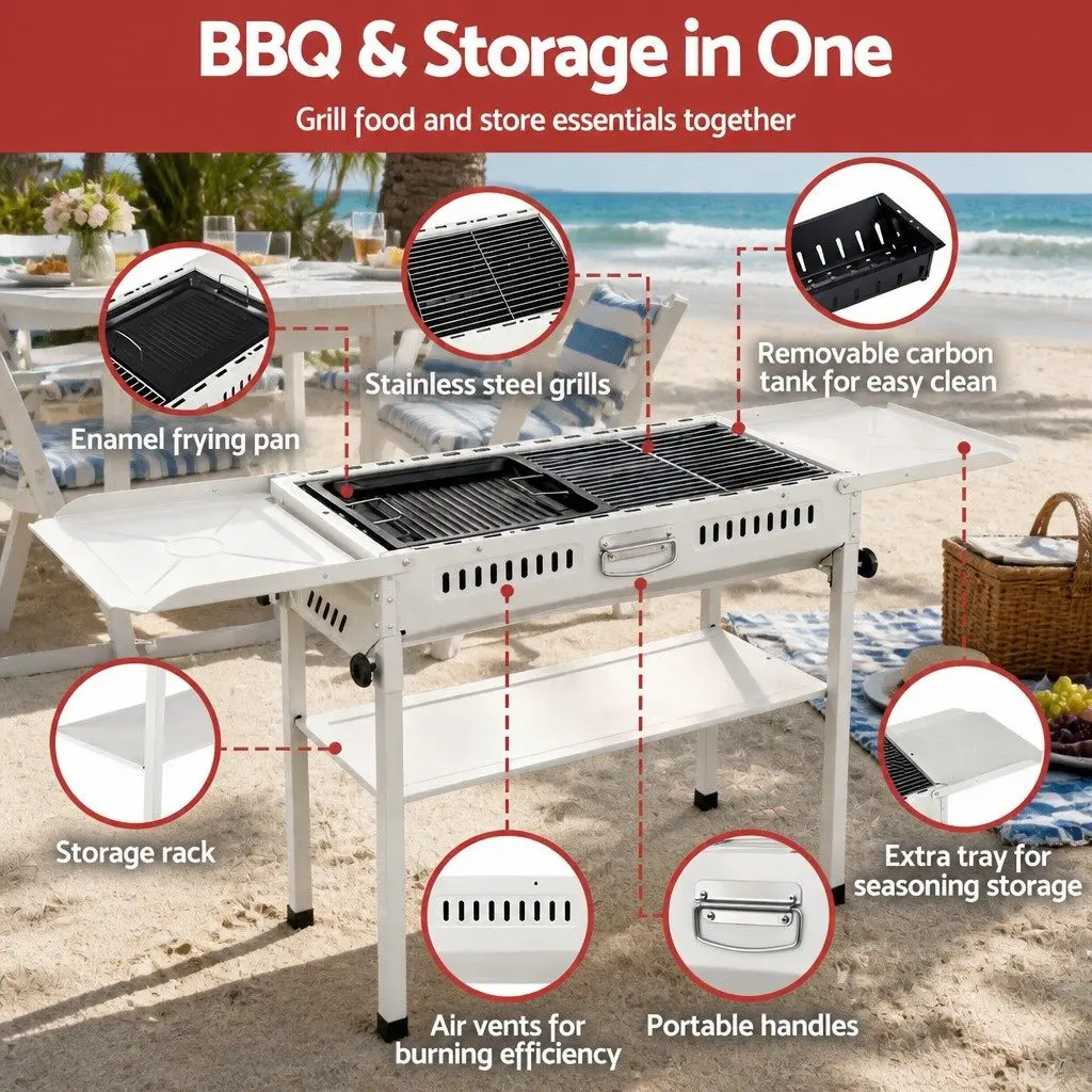 Portable Charcoal BBQ Grill Stainless Steel Griddle 61cm x 26cm for Outdoor Camping Picnic
