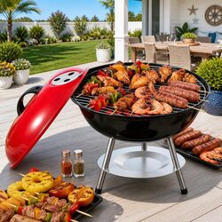 Charcoal BBQ Grill Portable with Lid Camping Outdoor Stainless Steel 34cm