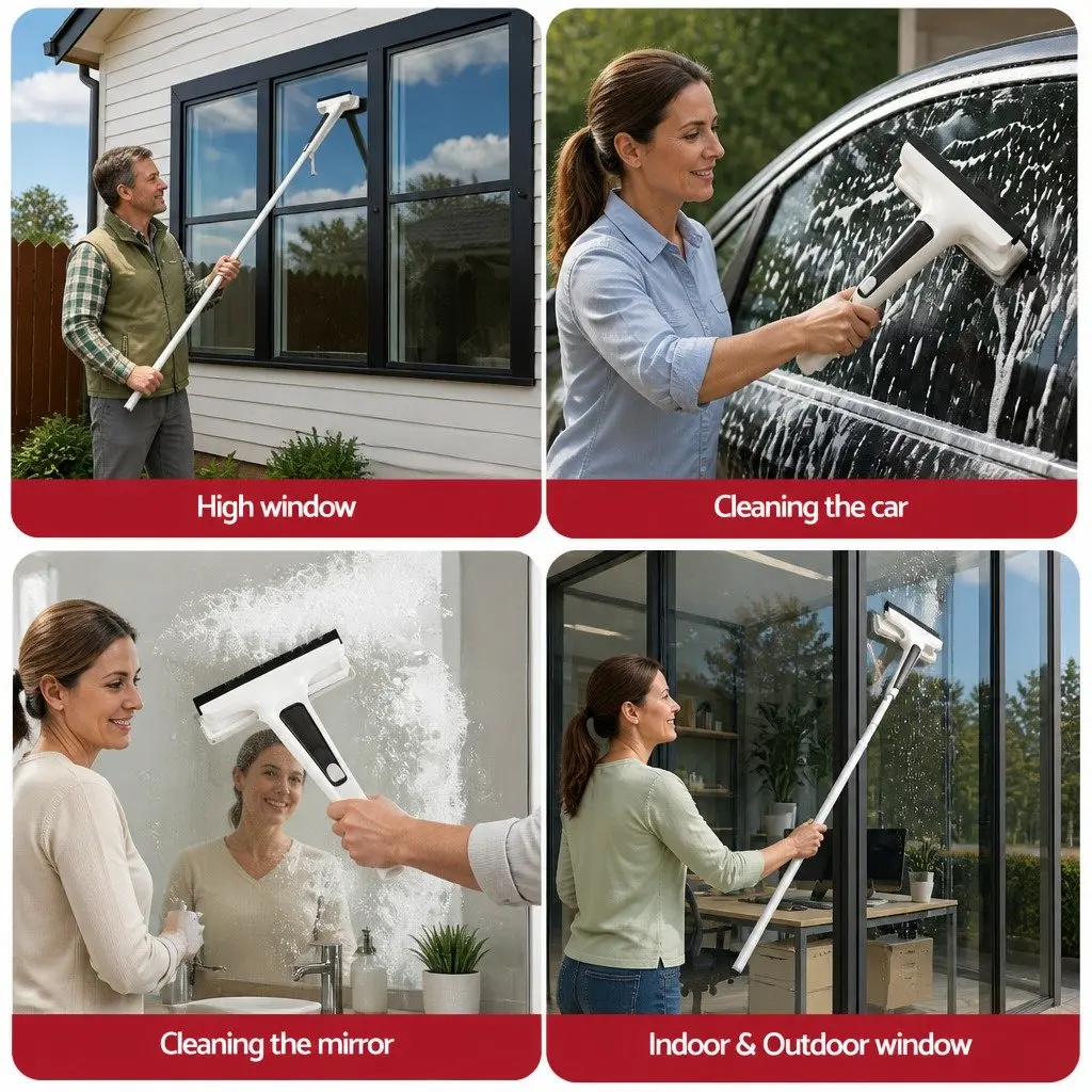 Window Cleaner Squeegee 136cm Extendable Handle Spray Scrub Microfiber Pads