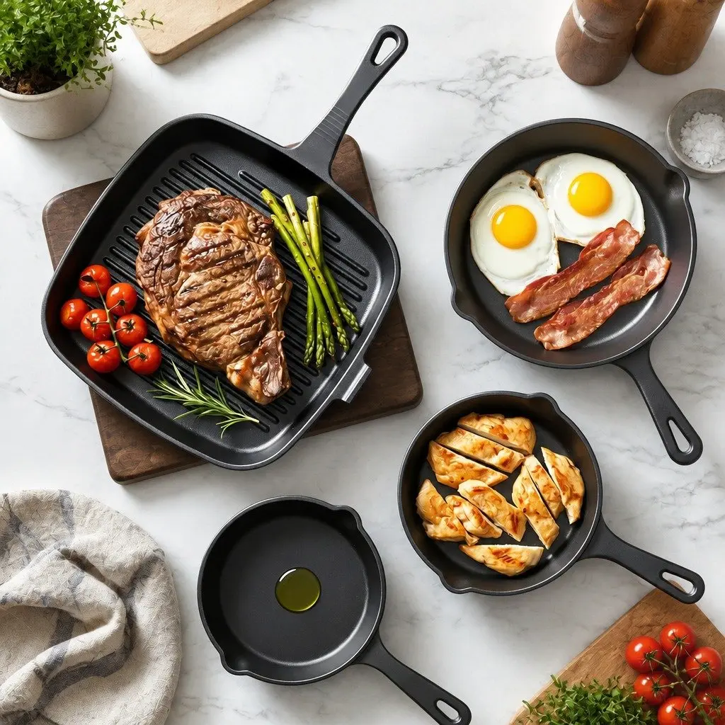 Cast Iron Skillet Set 4-Piece Black 14cm 16cm 20cm 24cm Induction Gas Compatible Cooking