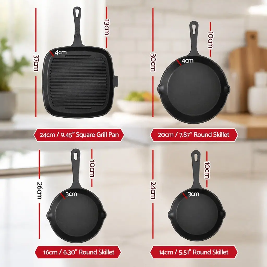 Cast Iron Skillet Set 4-Piece Black 14cm 16cm 20cm 24cm Induction Gas Compatible Cooking