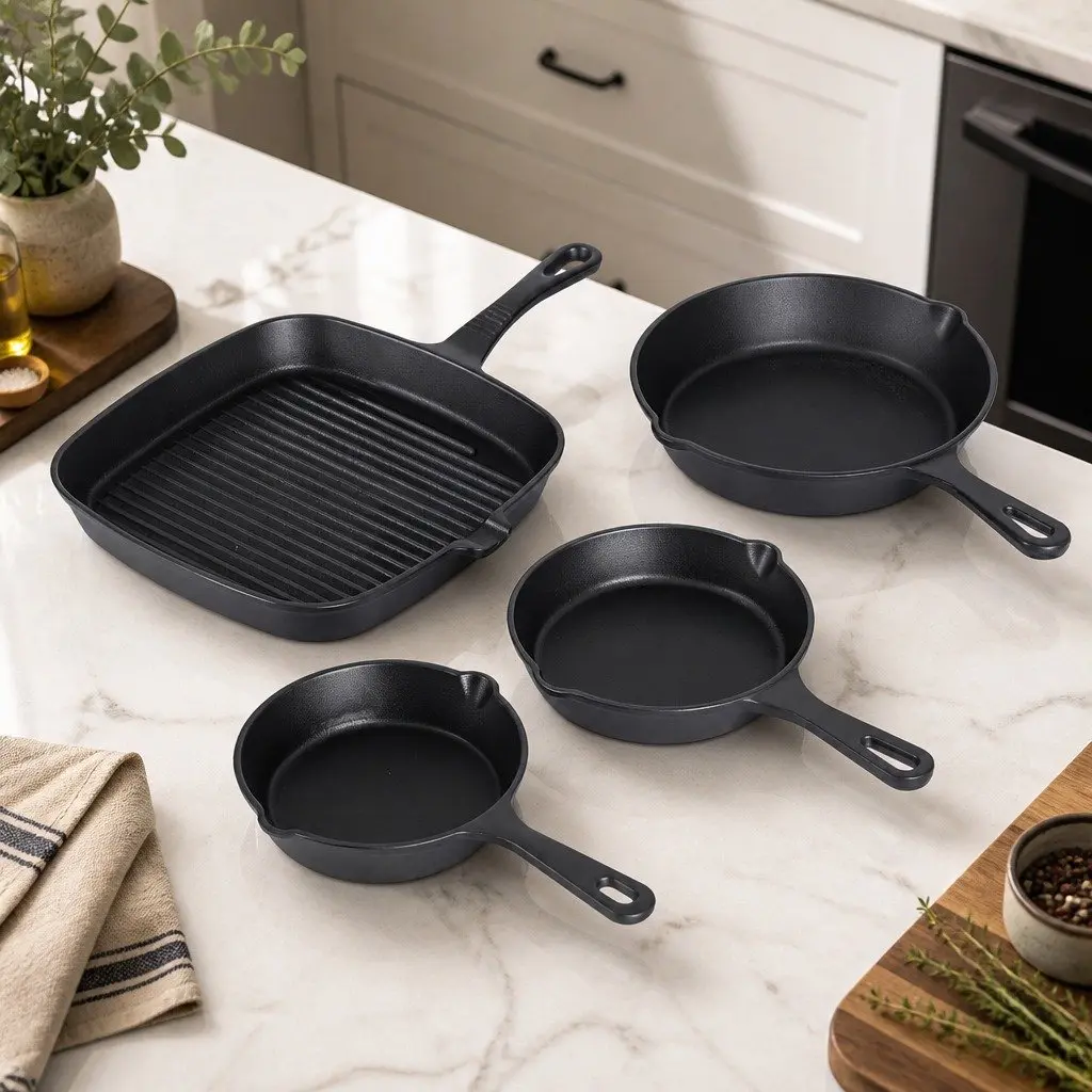 Cast Iron Skillet Set 4-Piece Black 14cm 16cm 20cm 24cm Induction Gas Compatible Cooking