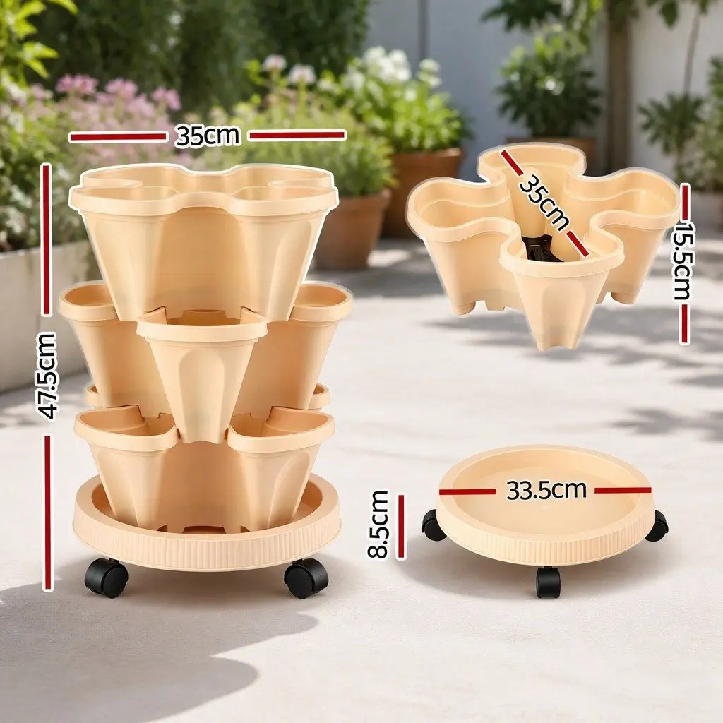 3 Tier Stackable Vertical Planter Tower with Wheels Beige