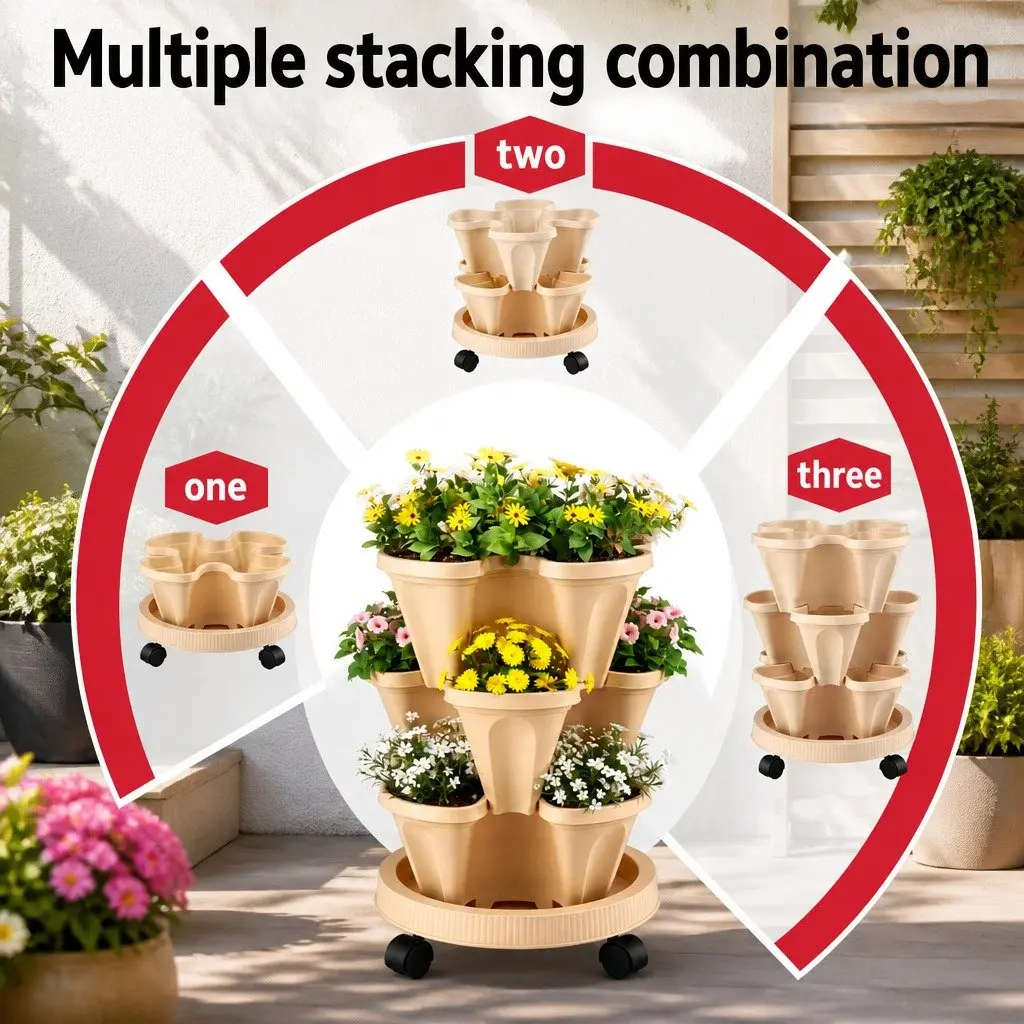 3 Tier Stackable Vertical Planter Tower with Wheels Beige