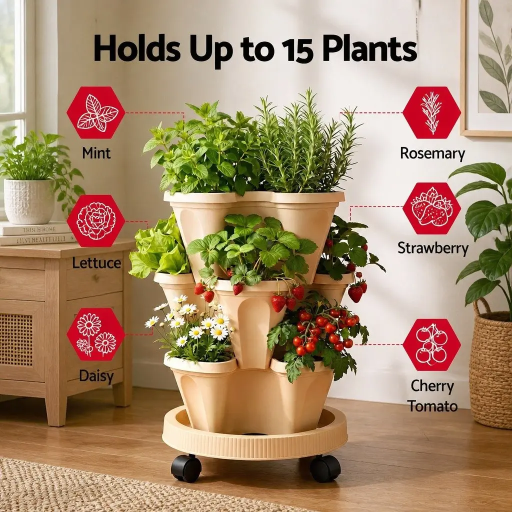 3 Tier Stackable Vertical Planter Tower with Wheels Beige