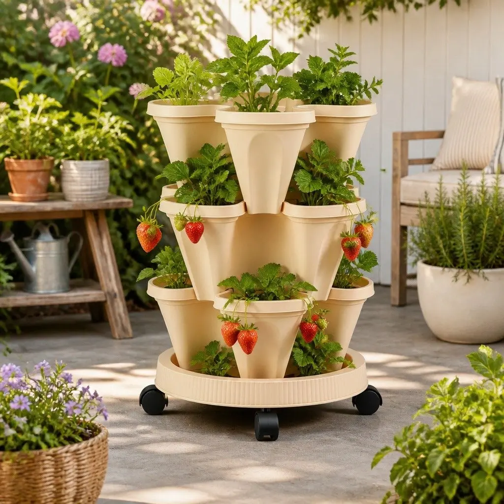 3 Tier Stackable Vertical Planter Tower with Wheels Beige
