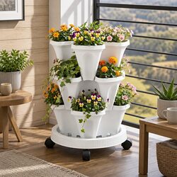 Stackable Vertical Planter Tower 3 Tier Strawberry Herb Garden Pot Wheels White