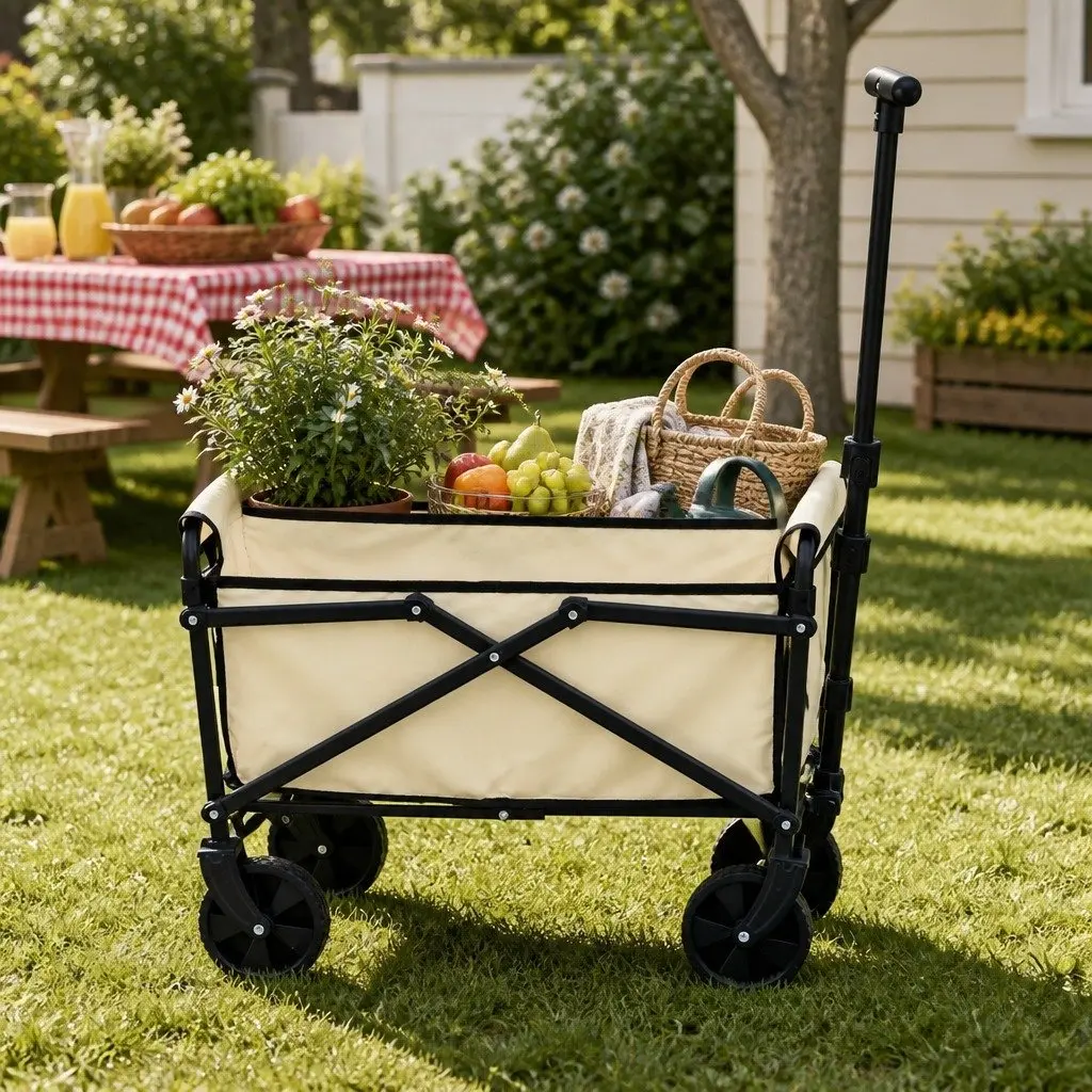 Garden Cart Folding Trolley Wagon Beach Camping Outdoor Transport Beige Steel