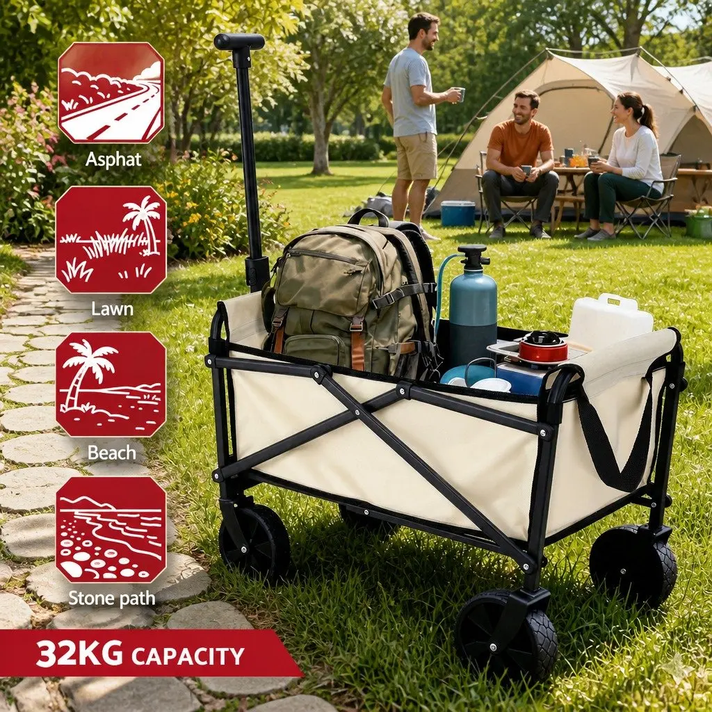 Garden Cart Folding Trolley Wagon Beach Camping Outdoor Transport Beige Steel