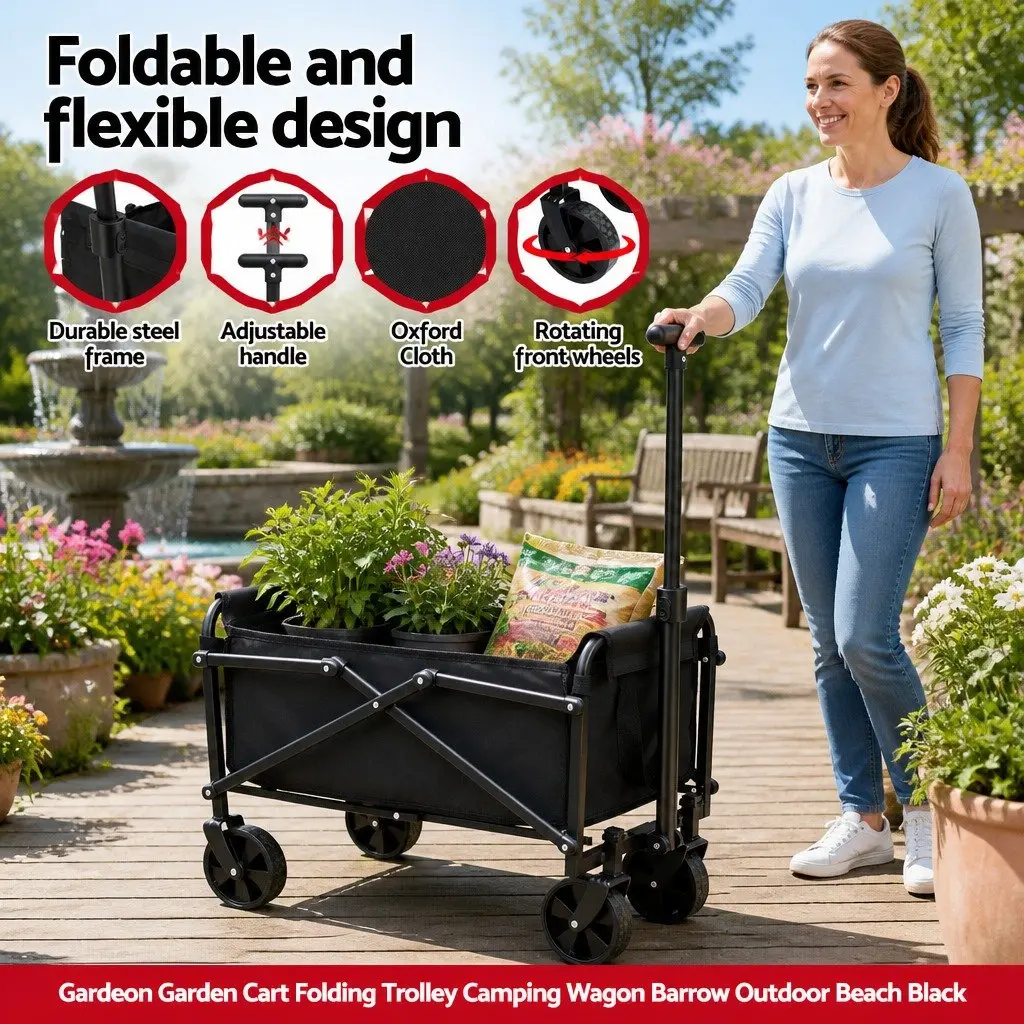 Folding Garden Cart Steel Frame All Terrain Wheels Black 35x59x58cm