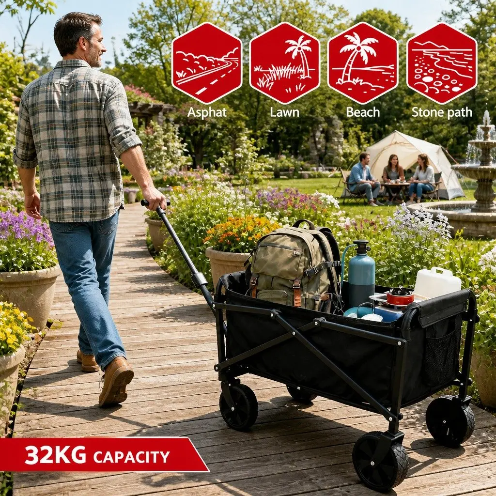 Folding Garden Cart Steel Frame All Terrain Wheels Black 35x59x58cm